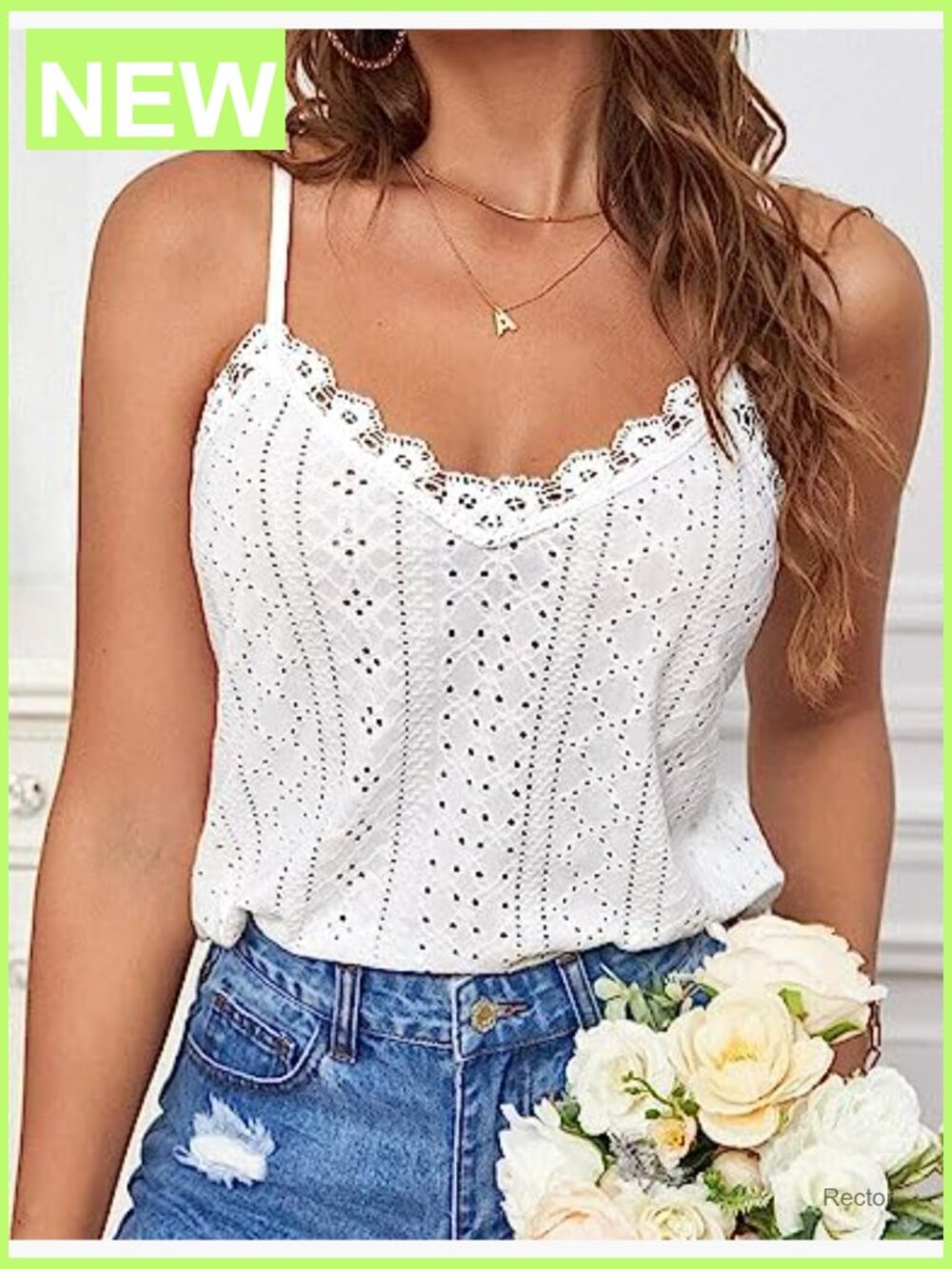 V Neck Spaghetti Strap Tank Top Sleeveless Blouse Loose Fit Eyelet Embroidered - Picture 3 of 7